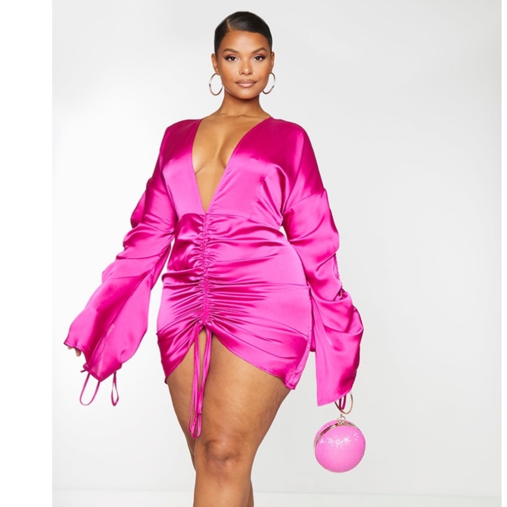 Plus Fuchsia Satin Ruched Mini Dress – Size 2X – NWT by PrettyLittleThing
